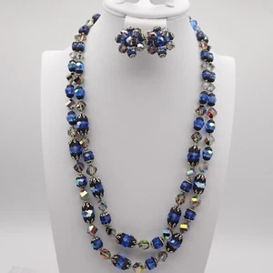 Set orecchini collana 24" vintage Vendome blu argento AB cristallo cappuccio 2 fili - Foto 1 di 7