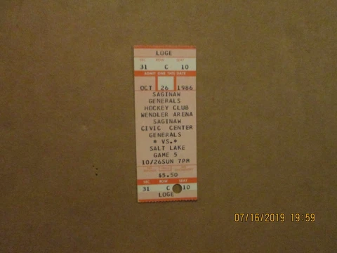 IHL Saginaw Generals vs. Salt Lake Vintage 1986 Logo Hockey Full Ticket Cover