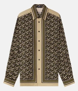 Authentic Versace La Greca Long sleeve button up green Khaki silk shirt size 40 - Picture 1 of 11
