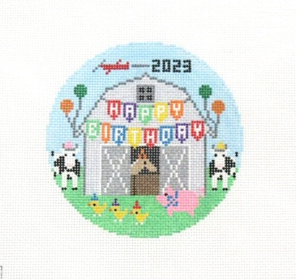 Doolittle Stitchery Holiday Barn Birthday Round Handpainted Needlepoint Canvas - Image 1 of 1