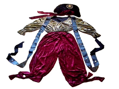 Disfraz de mujer pirata cosplay terciopelo bragas/blusa dorada con correas de cinturón/sombrero S M Foto 1 de 4