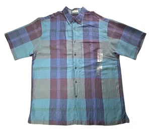 Geoffrey Beene Linen Blend Button Up Shirt Mens Sz L Blue Multi SS Split Hem NWT - Picture 1 of 14