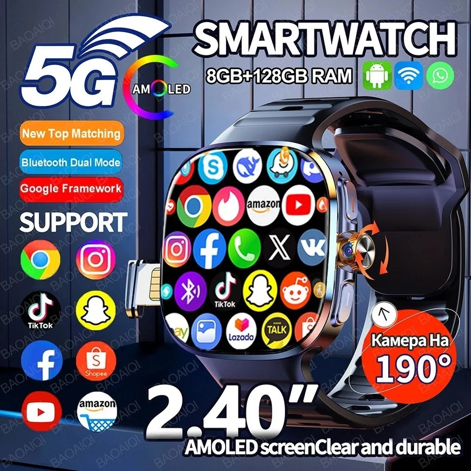 5G Android Smart Watch 2.4" AMOLED 2100mAh 8GB+128GB GPS WiFi Camera - Image 1 of 4