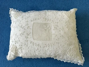 16”x 12”Vintage BLANCO TRABAJO Hecho a Mano Encaje Funda Almohada Lino Antiguo Mezcla Algodón - Imagen 1 de 7