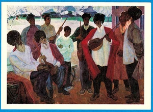 E.Adamova 1977 Russian postcard TURKMENISTAN MEN listen DUTAR music - Bild 1 von 2