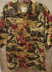 Citron Santa Monica Mens Tan Multi Rayon Short Sleeve Button Hawaiian Shirt Sz L - Picture 1 of 13