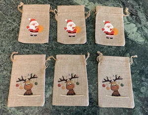 Lot of 6 - Santa Reindeer Christmas Brown Burlap Gift Card Bags Drawstrings - Picture 1 of 3