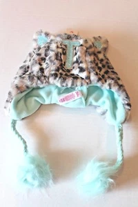 Justice Girls Fuzzy Gray Cheetah Initial Letter T Earflap Beanie Fleece Cap Hat - Picture 1 of 1