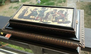 Antigua caja de madera de la Selva Negra con tapa dorada pintada a mano - compartimento secreto - Imagen 1 de 14