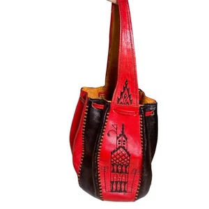 Handmade Red Black Leather Drawstring Bag Native American Hispanic? Vintage - Picture 1 of 12