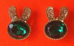 Pretty Cute Bunny Rabbit - Green & Clear Crystal Stud Earrings: UK Seller - Picture 1 of 5