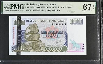 Zimbabwe 1000 Dollars 2003 P 12 a Large Digits Superb GEM UNC PMG 67 EPQ - Image 1 of 3