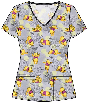 Winnie The Pooh Cherokee Scrubs Tooniforms Disney V Neck Top TF614 PHPY - Image 1 of 3