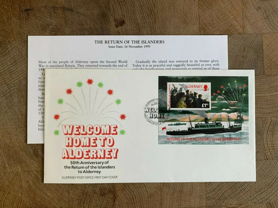 ALDERNEY 1995 FDC RETURN OF THE ISLANDERS FROM EXILE MINISHEET WWII & INSERT - Image 1 of 1
