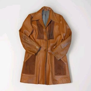 Vintage Leather Jacket Coat Womens Medium Camel Tan Hipster Retro Patchwork - Picture 1 of 14