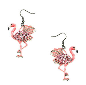 Earring Stud Silver Pink Black Crystal Flamingo Bird Pendant Original Retro X21 