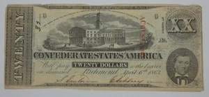 US Confederate Currency April 6th, 1863 $20 VERY FINE T-58 Punch Cancelled - Picture 1 of 4