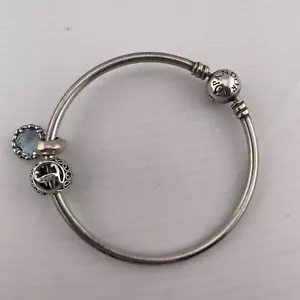 Estate Genuine PANDORA 925 Bangle Bracelet & 2 x Charms - J Letter Dangle Blue - Picture 1 of 9