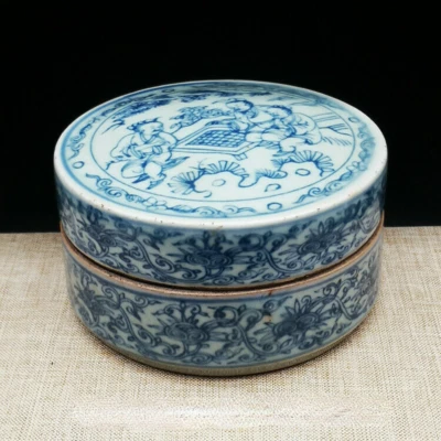 Antigua caja de tinta de porcelana china azul y blanca caja de polvo Rouge Foto 1 de 4