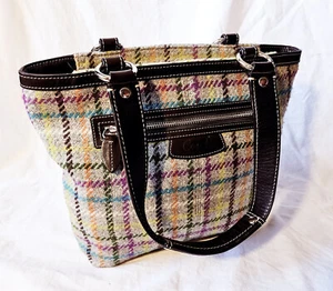 Coach Penelope Gray Wool Tattersall Carryall Tote Bag Brown Leather 15536 - Picture 1 of 13