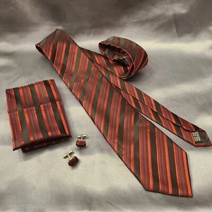 Sophisticated Gentlemen Tie Set 100% Seide Silk Red Black 58.5" Pocket Cufflinks - Picture 1 of 9