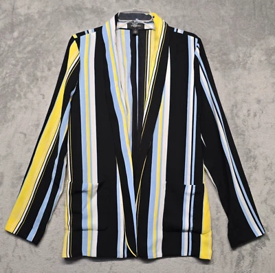 Chaqueta Blazer Halógena Mujer Grande Azul Amarillo Blanco Rayas Bolsillos Frontales Abiertos Foto 1 de 4