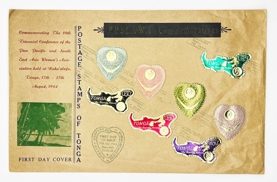 TONGA 19 de octubre de 1964 Primer Día Cubierta 8 Estampillas de Lámina de Oro, 10ª Trienal PPSEAWA Foto 1 de 4