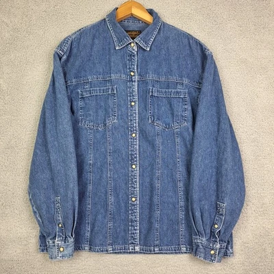 Винтажная женская джинсовая куртка Eddie Bauer XL синяя на пуговицах вестерн жемчуг застежка 90-е - Изображение 1 из 4