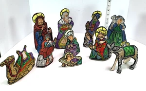 Vintage Weihnachtskrippe bestickt Stoff stehend Karton 10er Set - Bild 1 von 9