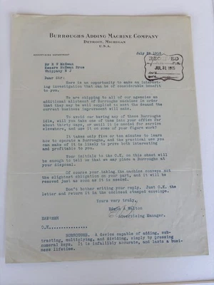 1915 Burroughs Adding Machine Detroit MI Letter Morristown and Erie Railroad - Image 1 of 2
