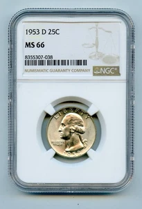1953-D Silver Washington Quarter 25c NGC MS66 - Picture 1 of 2