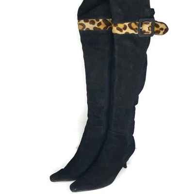 Stuart weitzman Over The Knee Black Suede Leopard Pointed Toe Heel Sz 6.5 Boots - Image 1 of 4