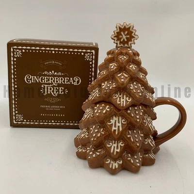 Caneca de grés Pottery Barn Gingerbread Tree Holiday com tampa marrom fosco #F212 - Imagem 1 de 4
