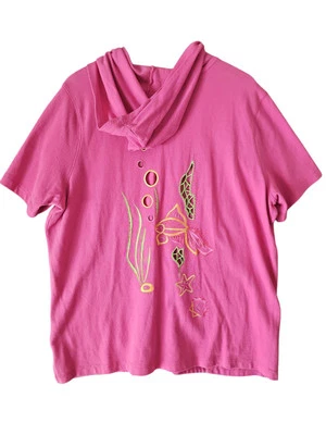 QUACKER FACTORY Womens Pink Goldfish Embroidered Short Sleeve Hoodie Jacket 1X - Image 1 of 4
