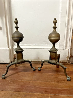 Richard Whittingham Andirons Signed Brass Federal Wittingham 18th 19thC New York - Image 1 of 4