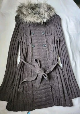 Daisy Fuentes Gray Knit Long Jacket With Faux Fur Neck Large - Image 1 of 4