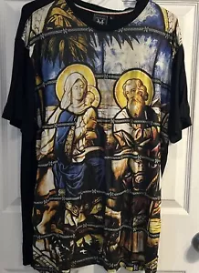 T-shirt Michael Cherry stampa arte religiosa Madonna e bambino blu navy nera taglia L - Foto 1 di 8