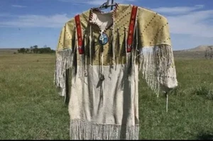 Native American Western Wear Suede Leather Jacket Fringes & Beads Work War Shirt - Picture 1 of 2