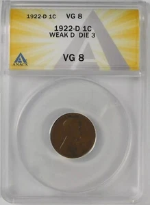 1922-D Lincoln Head Cent (Penny) Weak D/No D Die 3 ANACS VG8 +ROTATED+ - Picture 1 of 4