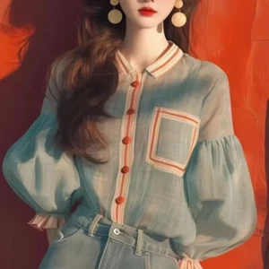 Women's Shirts Chiffon Patchwork Women Blouses Striped Top Korean Clothing - Picture 1 of 7