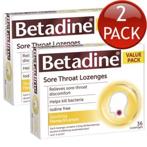 2 x Betadine Sore Throat Lozenges Honey & Lemon Flavour Antibacterial 36 Pack - Picture 1 of 12