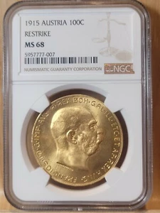 1915 NGC MS68 Austria 100 Corona Restrike Gold Coin *TOP POP* ONLY 6 OF 350+ - Picture 1 of 7