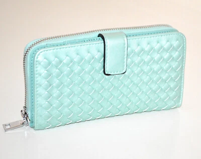 PORTAFOGLIO donna borsello verde acqua pochette ecopelle portamonete trecce G25 - Immagine 1 di 4