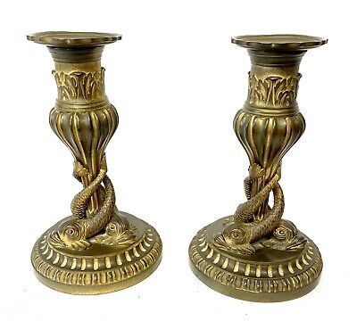 Pair Antique Ormolu  Gilt Bronze Candle Sticks Sea Serpents / Mythical Dolphins • 738.40£