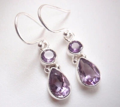 Small Faceted Amethyst 925 Sterling Silver Dangle Earrings 2-Gem Round and Pear - Image 1 of 3