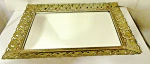 9.5" x 13" Vintage Antique Gold Mirrored Vanity Bar Tray Filigree Perfume Tray - Picture 1 of 7