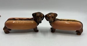 Hot Dogs Dachshunds Ceramic Salt Pepper Shaker Set Mustard Ketchup Magnetic - Picture 1 of 5