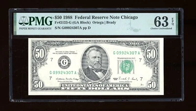 DBR 1988 $50 FRN Chicago Fr. 2123-G PMG 63 EPQ Serial G09924307A - Image 1 of 2