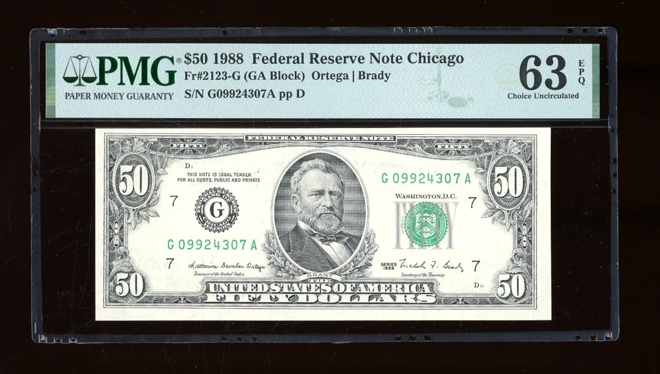 DBR 1988 $50 FRN Chicago Fr. 2123-G PMG 63 EPQ Serial G09924307A - Image 1 of 2