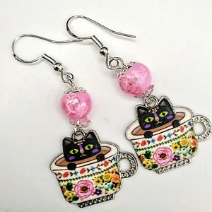 Black Cat Teacup Enamel Earrings Glass Pink Marble Beads 925 Silver Handmade - Picture 1 of 12
